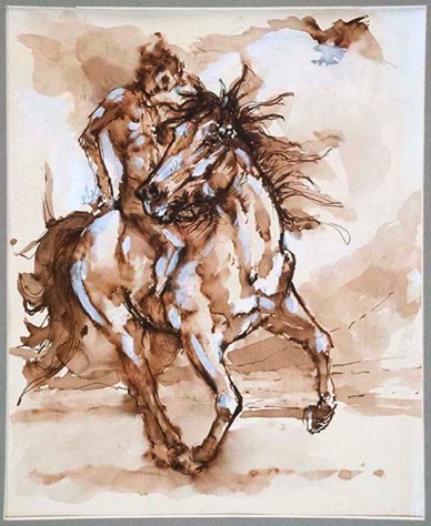 "Rides a pale horse" Line & Wash with gouache. 29x34cm